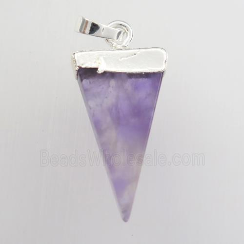 purple amethyst pendant, triangle, silver plated