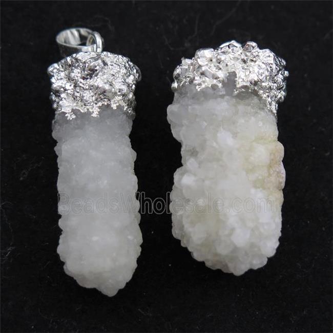 white druzy quartz pendants, silver plated