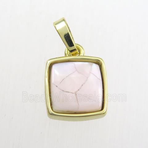 pink Paua Abalone shell pendant, square, gold plated