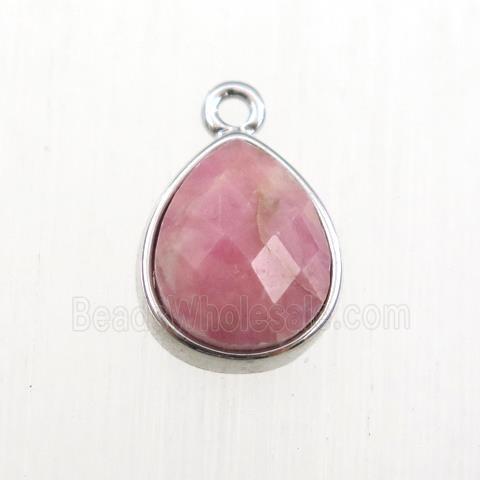 pink Rhodonite pendant, teardrop, platinum plated
