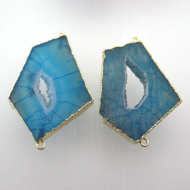 blue druzy agate slab connector, gold plated