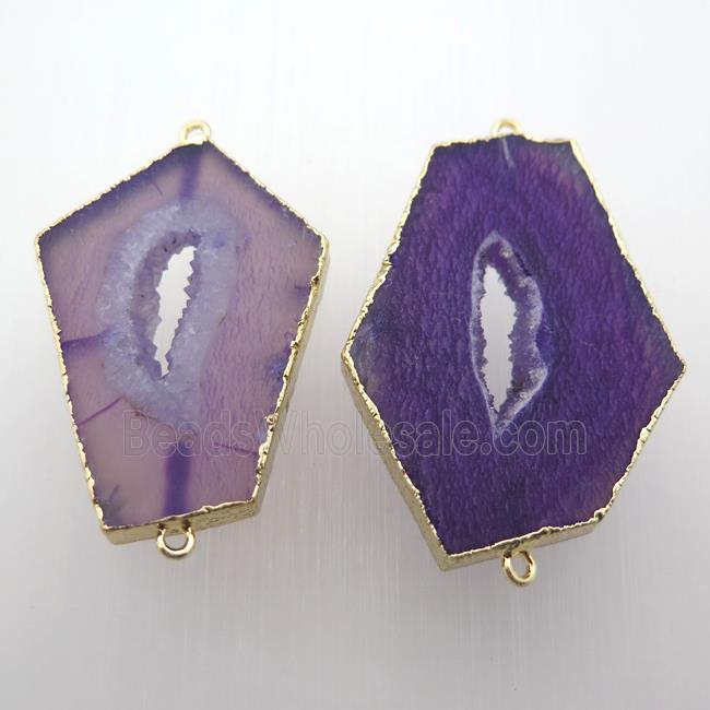 purple druzy agate slice connector, gold plated