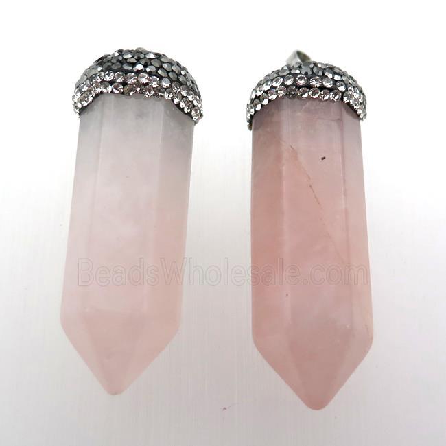 Rose Quartz bullet pendant pave rhinestone, gold plated