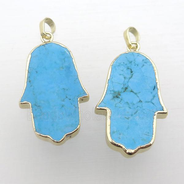 blue Turquoise hamsahand pendant, gold plated