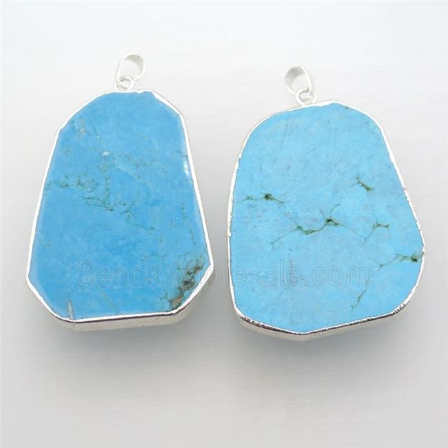 blue Turquoise slice pendant, freeform, silver plated