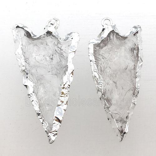 hammered Clear Quartz arrowhead pendant, silver plated