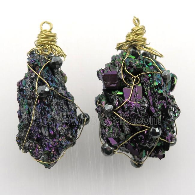 rainbow Lava stone nugget pendant, freeform, wire wrapped