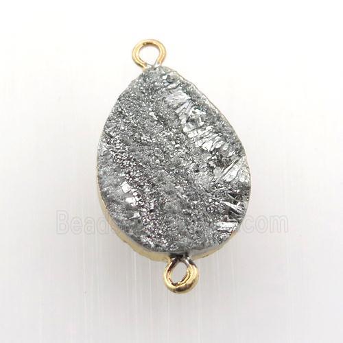 silver Solar Agate Druzy teardrop connector, gold plated