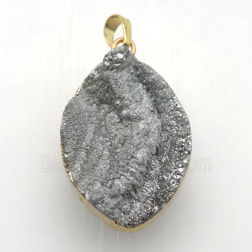 silver Solar Agate Druzy leaf pendant, gold plated