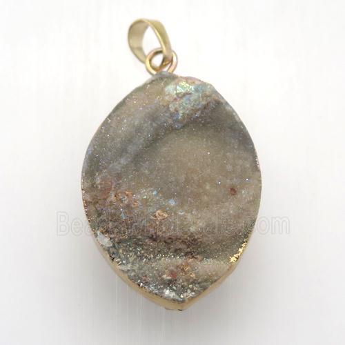 champagne Solar Agate Druzy leaf pendant, gold plated