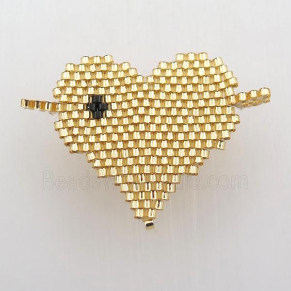 Handcraft heart connector with seed glass beads, gold