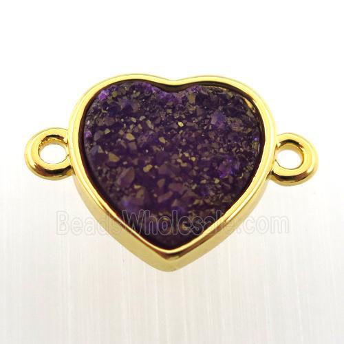 purple agate druzy heart connector, gold plated