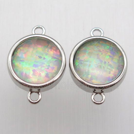 green Fire Opal circle connector, synthetic, platinum plated