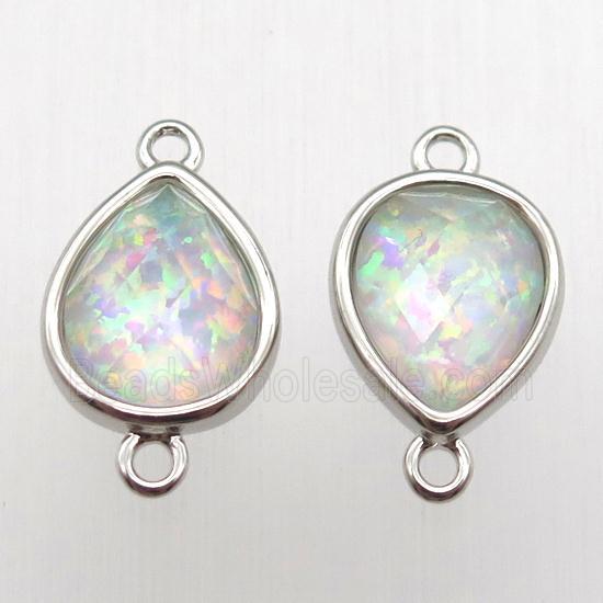 Fire Opal teardrop connector, synthetic, platinum plated