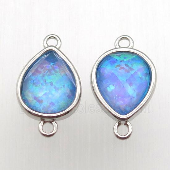 blue Fire Opal teardrop connector, synthetic, platinum plated
