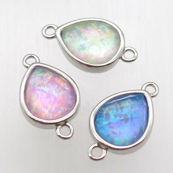 mixed color Fire Opal teardrop connector, synthetic, platinum plated