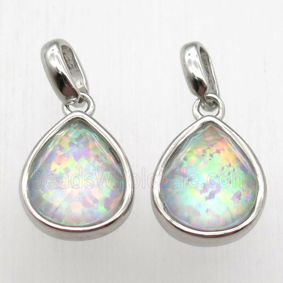 rainbow Fire Opal teardrop pendant, synthetic, platinum plated
