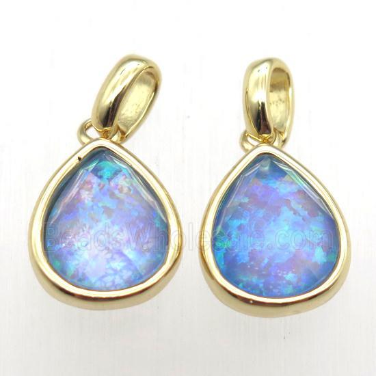 blue Fire Opal teardrop pendant, synthetic, gold plated