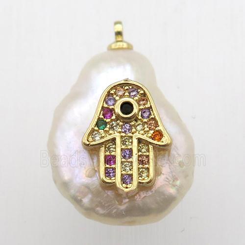 Natural pearl pendant with zircon, hamsahand