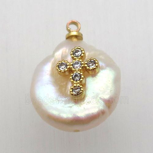 Natural pearl pendant with zircon, cross