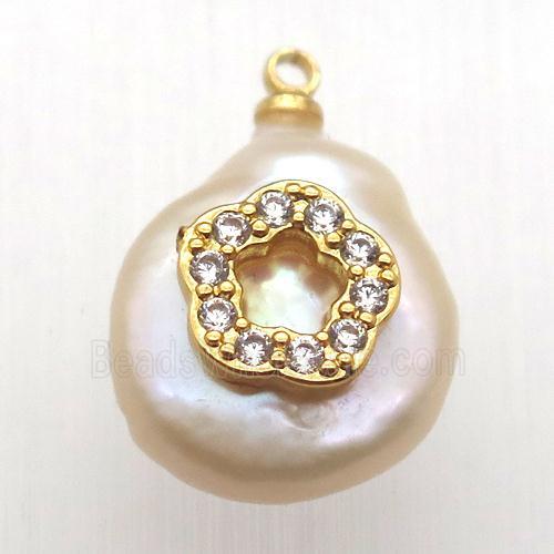Natural pearl pendant with zircon, flower