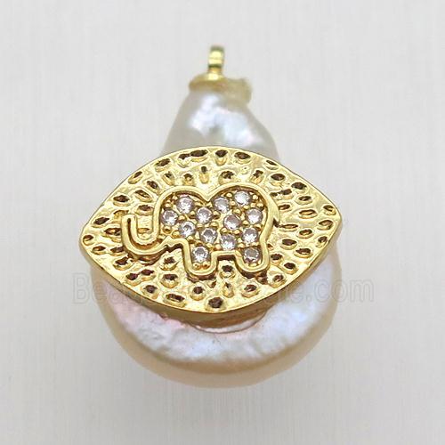 Natural pearl pendant with zircon, elephant