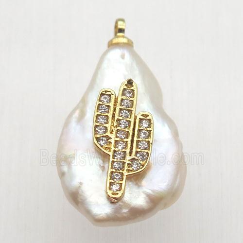 Natural pearl pendant with zircon, cacutus