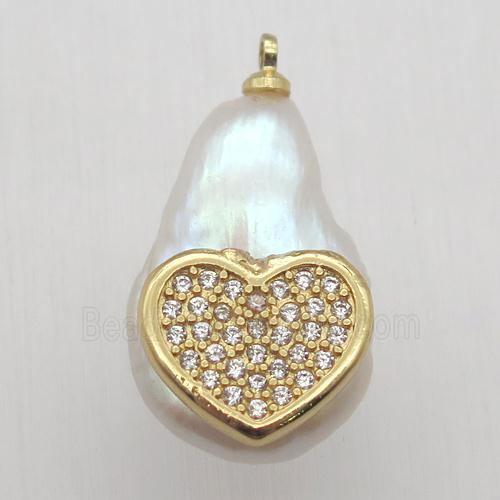 Natural pearl pendant with zircon, heart