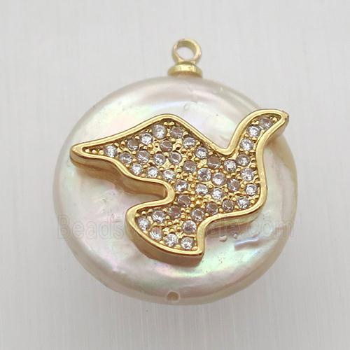 Natural pearl pendant with zircon, bird