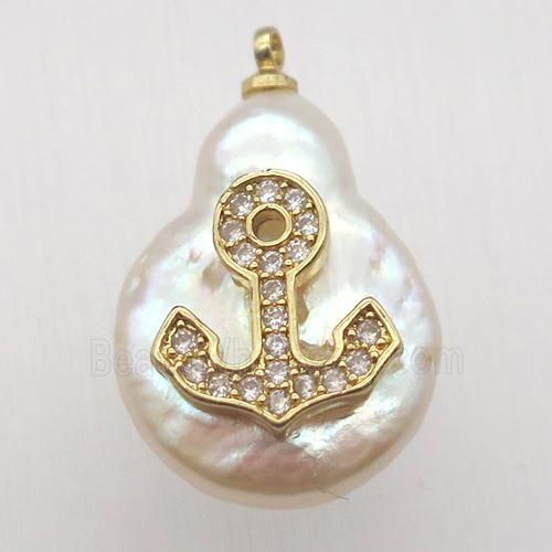 Natural pearl pendant with zircon, anchor
