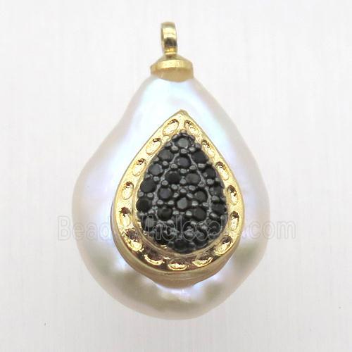 Natural pearl pendant with zircon, teardrop