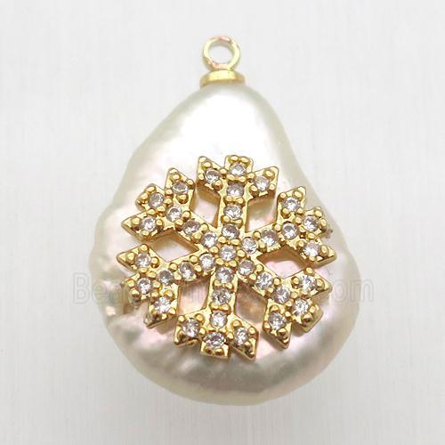 Natural pearl pendant with zircon, snowflake