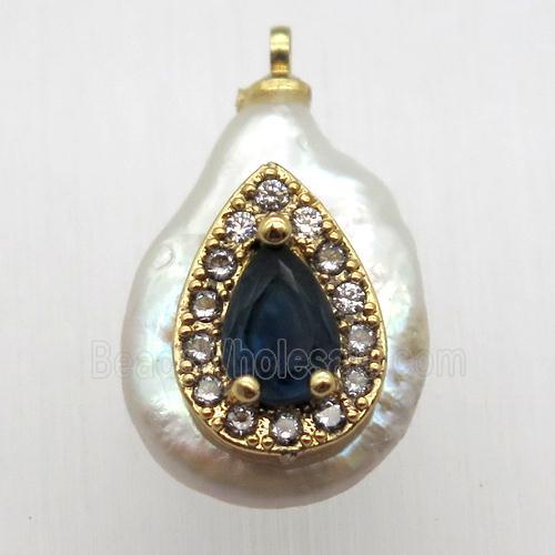 Natural pearl pendant with zircon, teardrop