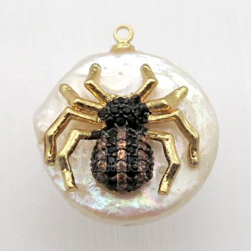 Natural pearl pendant with zircon, spider