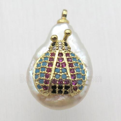 Natural pearl pendant with zircon, Ladybug