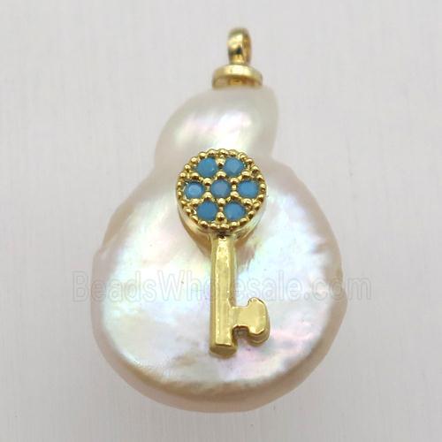 Natural pearl pendant with zircon, key