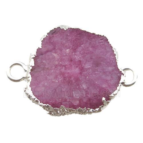 hotpink Solar Quartz Druzy slab connector, freeform, silver plated