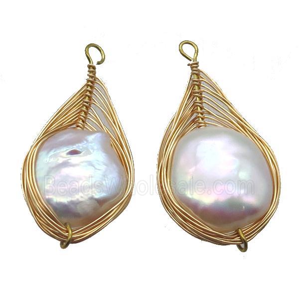 copper pendant with pearl, gold plated, wire wrapped