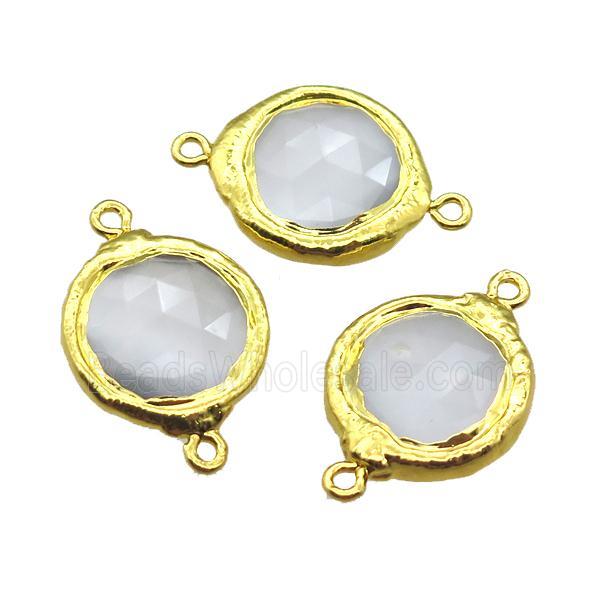 white crystal glass circle connector, gold plated