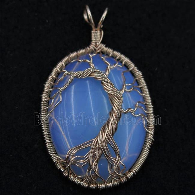 White Opalite Oval Pendant Tree Of Life Wire Wrapped Rose Gold