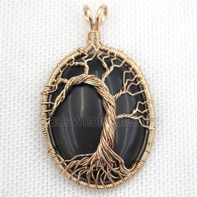 Black Onyx Oval Pendant Tree Of Life Wire Wrapped Rose Gold