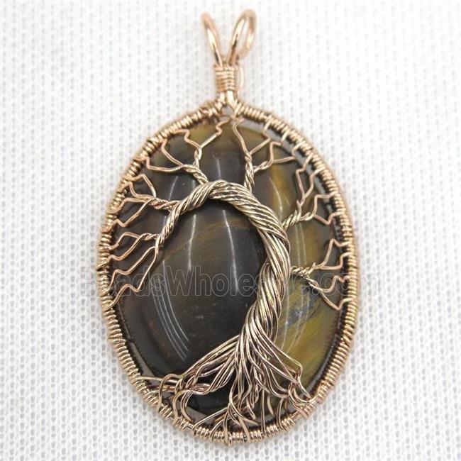Tiger Eye Stone Oval Pendant Tree Of Life Wire Wrapped Rose Gold