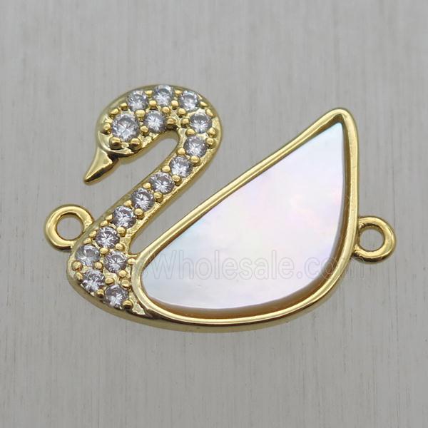 copper Swan connector paved zircon with white pearlized shell, gold plated