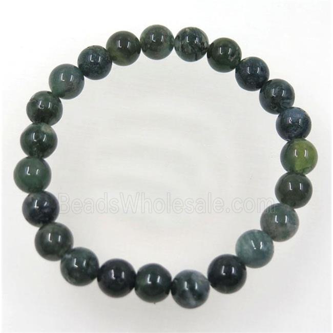 green Moss Agate bead bracelet, round, stretchy