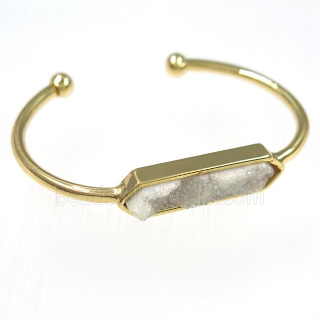 white ab color druzy agate bangle, copper, gold plated