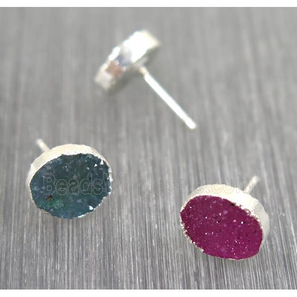 Druzy agate earring studs, mix color, 925 silver plated