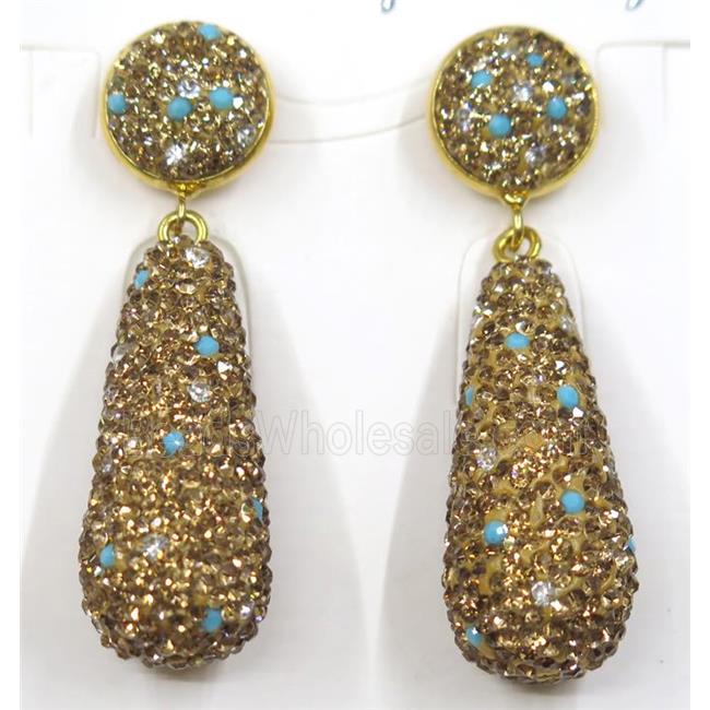 resin earring pave white yellow rhinestone, teardrop