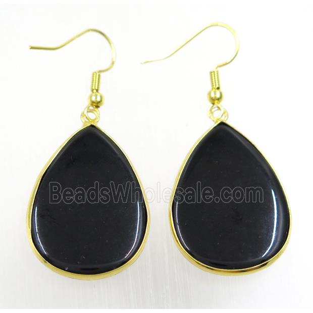 black glass Earring, teardrop, gold plated