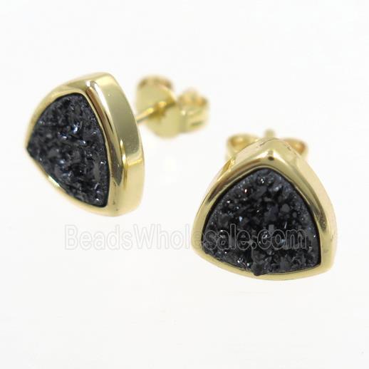 black Druzy Agate Earring Studs, triangle, gold plated