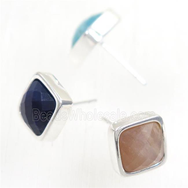 mixed gemstone earring studs, square, platinum plated